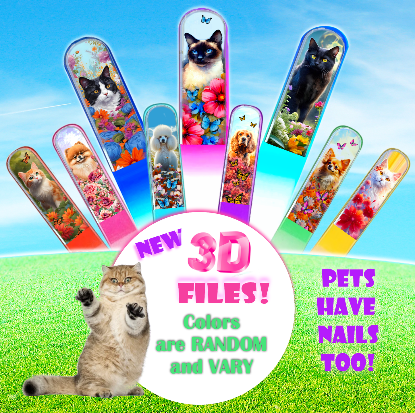 Calico Cat Flowers 3D Pet Colored Czech Crystal Nail File : Large