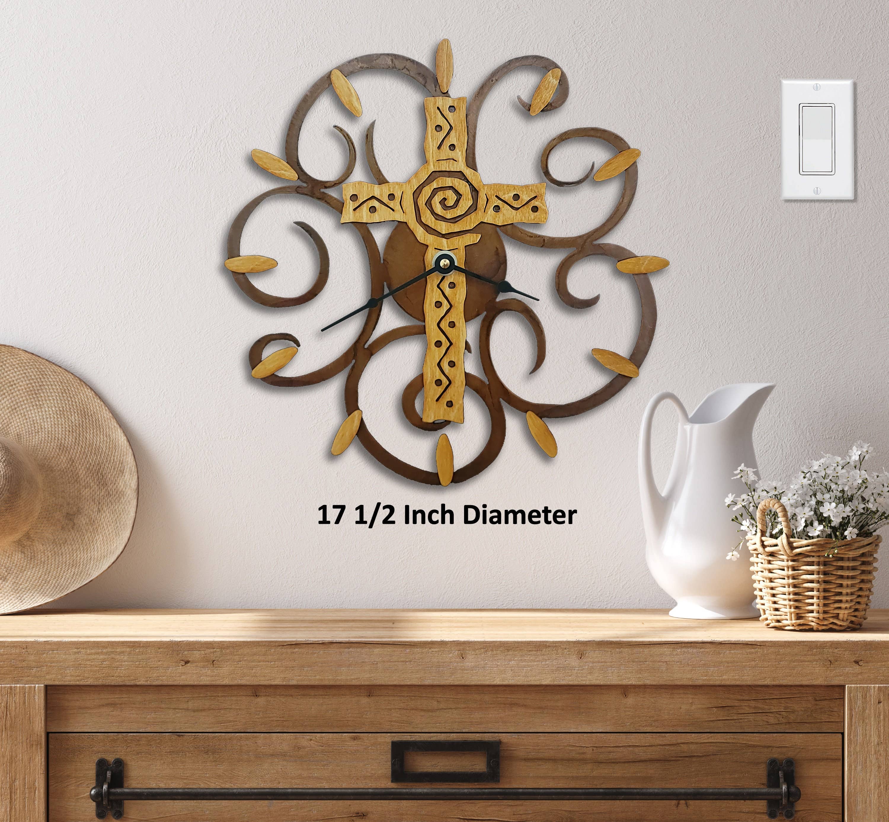 Cross, Swirl Clock, Gold Wood on Rusted Steel