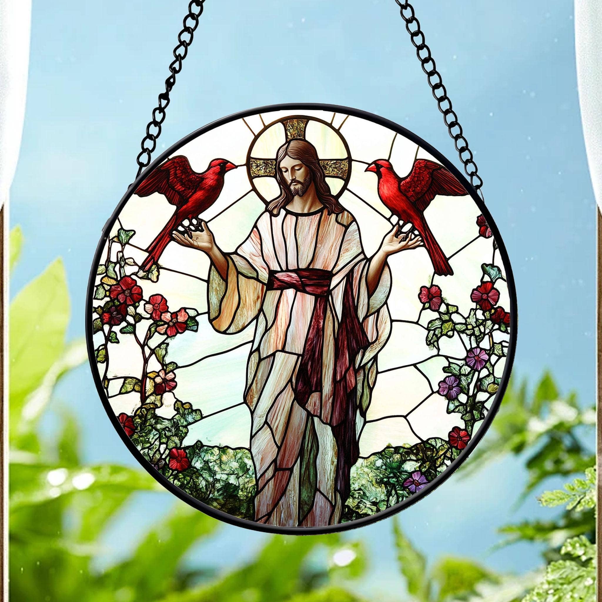 Jesus With Cardinals Stained Glass Suncatcher