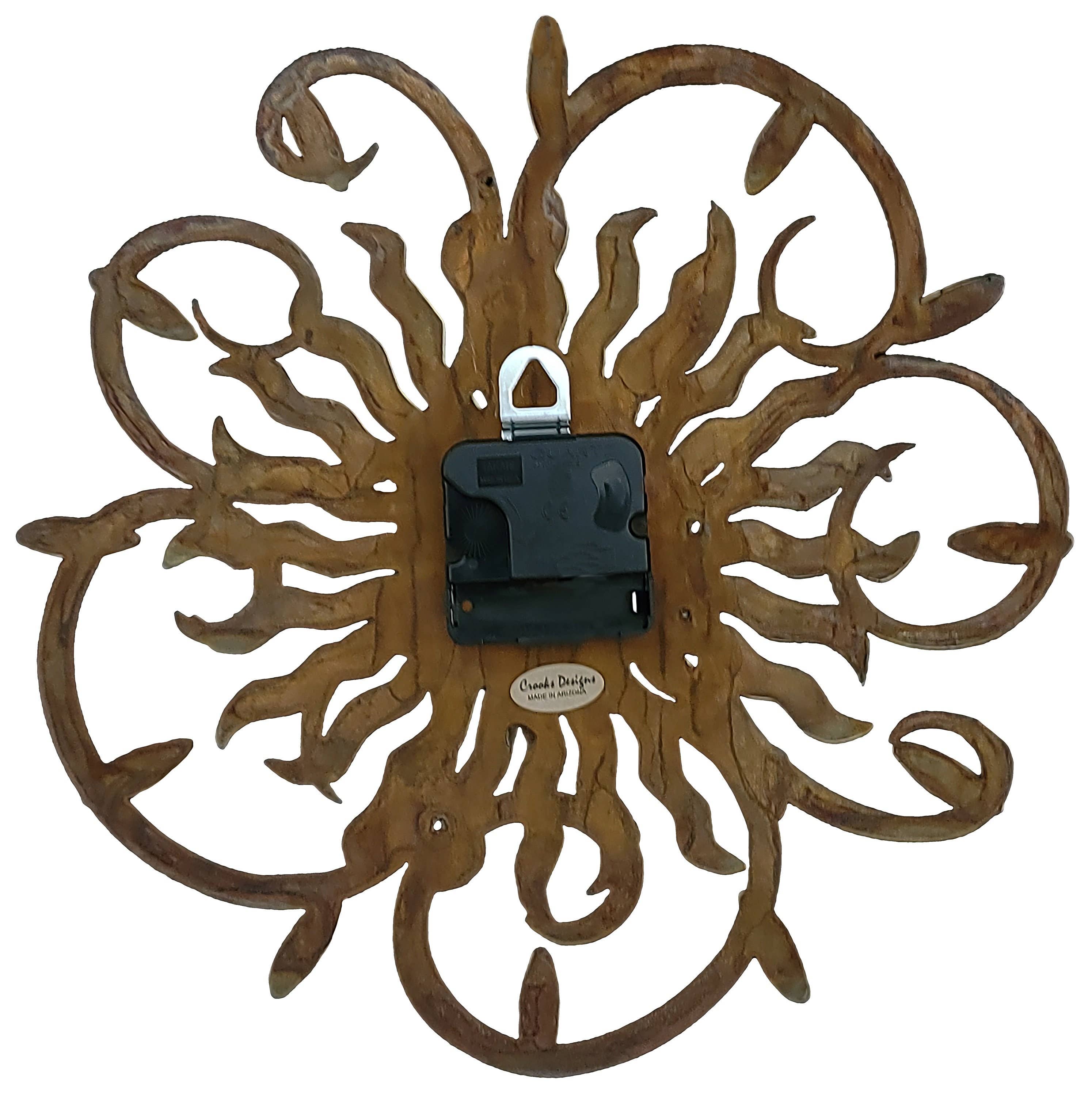 Cross, Swirl Clock, Gold Wood on Rusted Steel