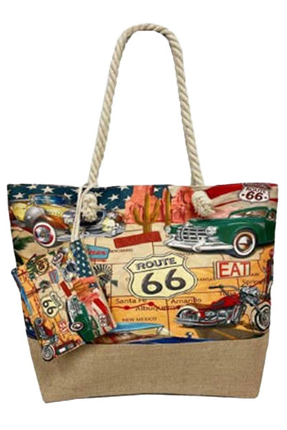 Route 66 The Mother Road Car Print Canvas Tote Bag