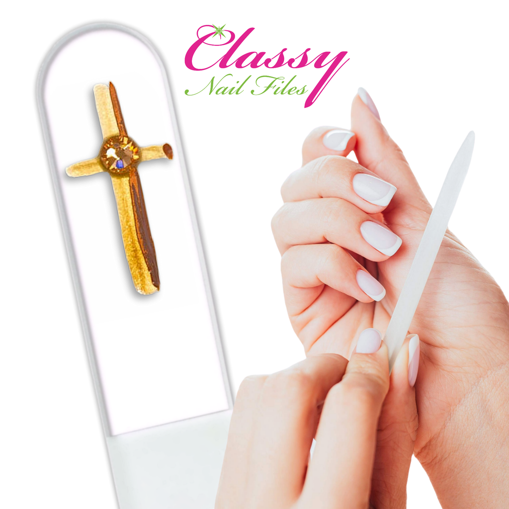 Gold Cross Religion Christian Hand Painted Crystal Nail File: Small