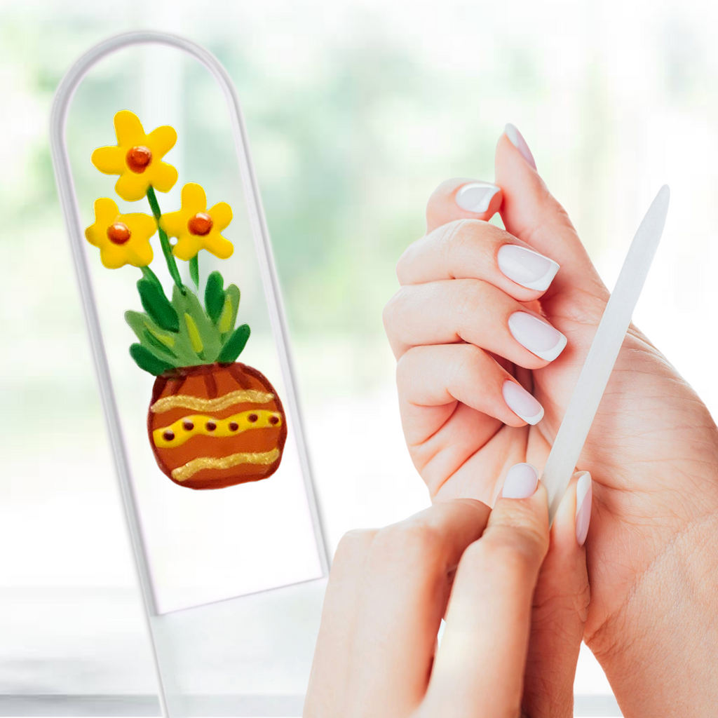 Sunfire Potted Yellow Flowers Hand Painted Crystal Nail File: Large