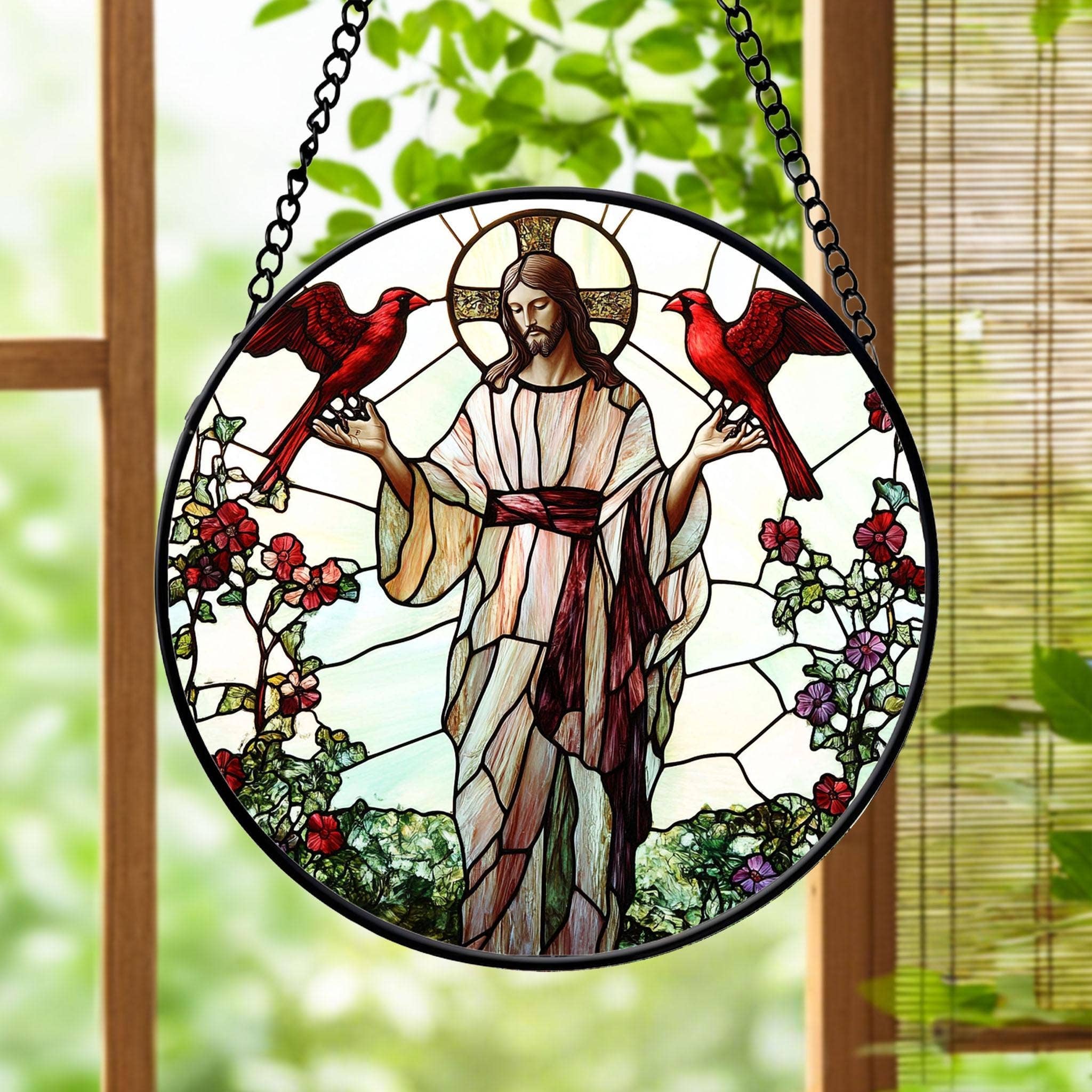 Jesus With Cardinals Stained Glass Suncatcher