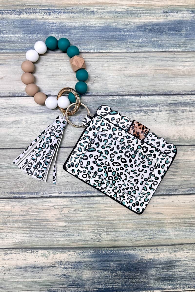 Silicone Beaded Bracelet Card Holder Keychain Blue & Brown