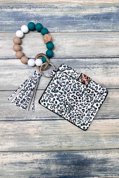 Silicone Beaded Bracelet Card Holder Keychain Blue & Brown