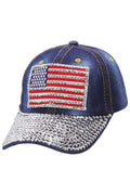 American Flag Bling Patch Denim Baseball Cap: DENIM DARK BLUE