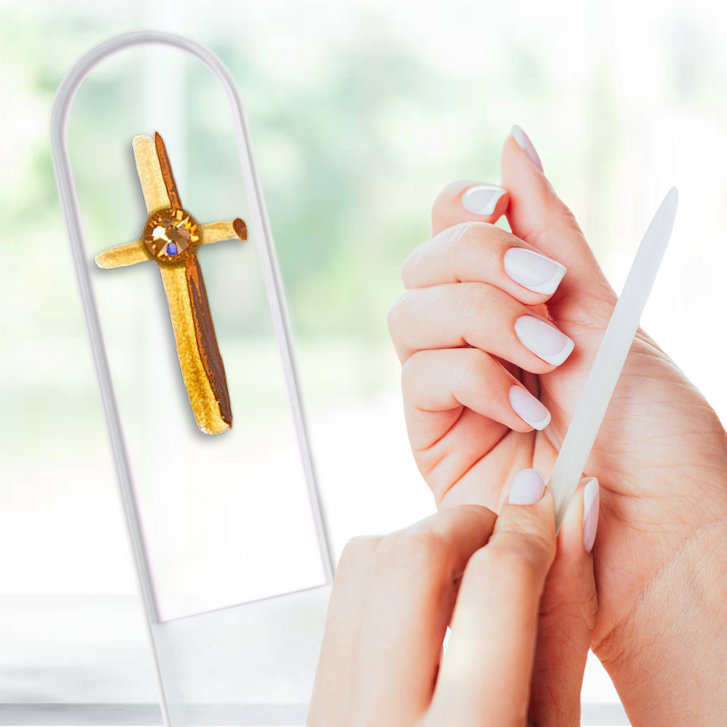 Gold Cross Religion Christian Hand Painted Crystal Nail File: Medium