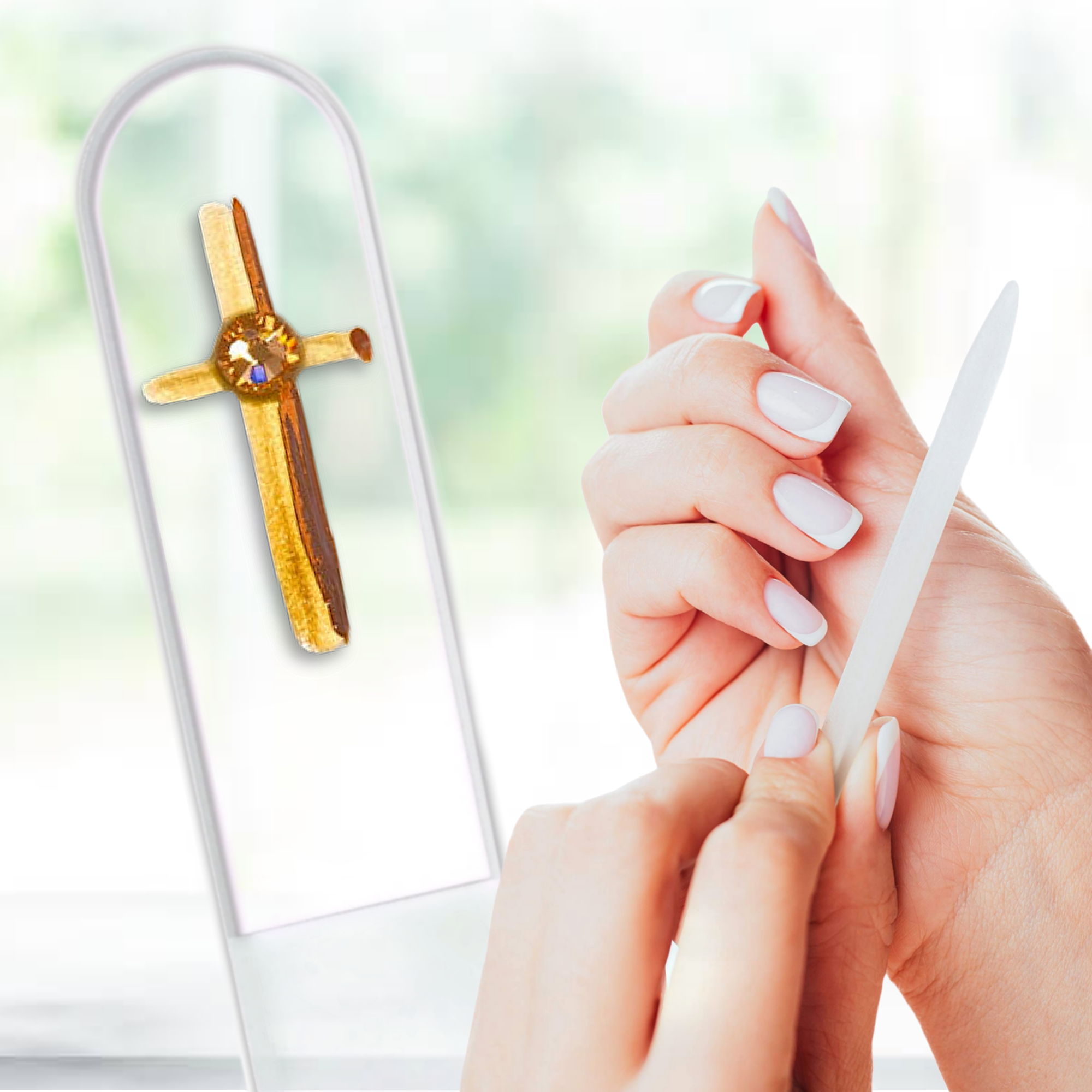 Gold Cross Religion Christian Hand Painted Crystal Nail File: Medium