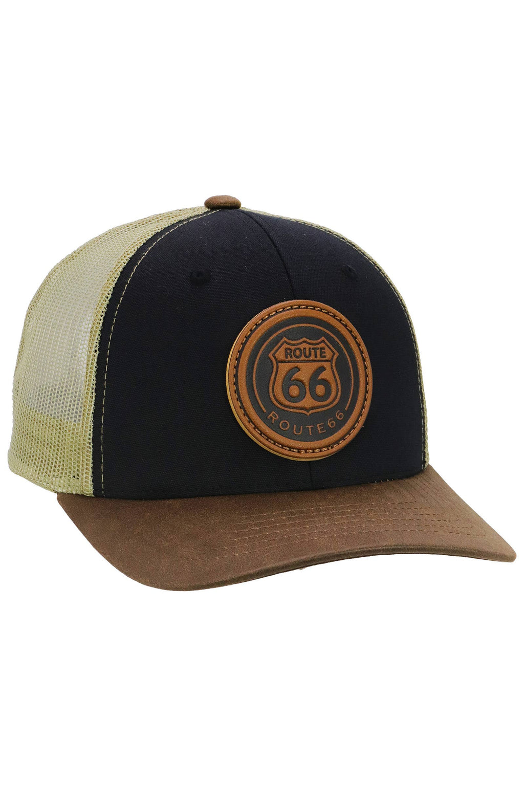 Route 66 Canvas Vegan Oiled Leather Trucker Hat: BROWN/BROWN/KHAKI / ONE SIZE