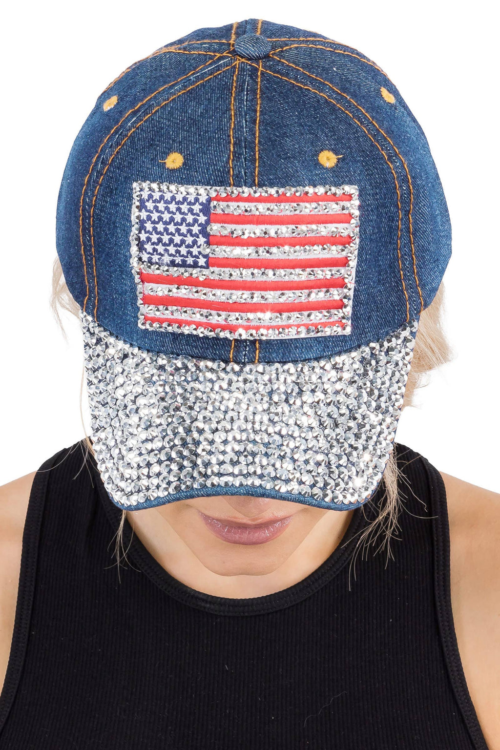 American Flag Bling Patch Denim Baseball Cap: DENIM DARK BLUE