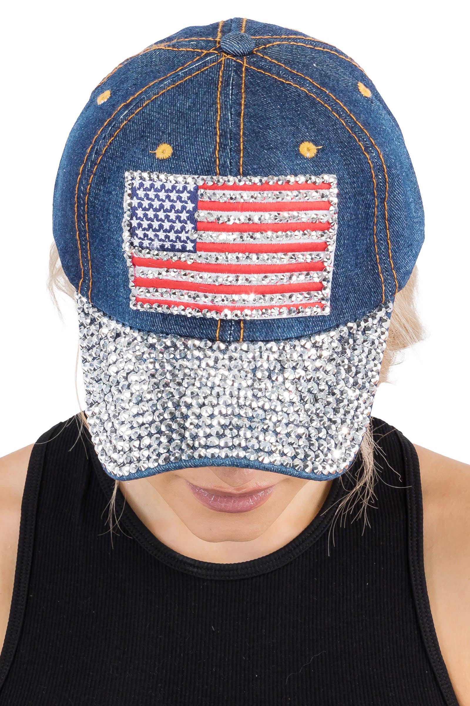 American Flag Bling Patch Denim Baseball Cap: DENIM DARK BLUE