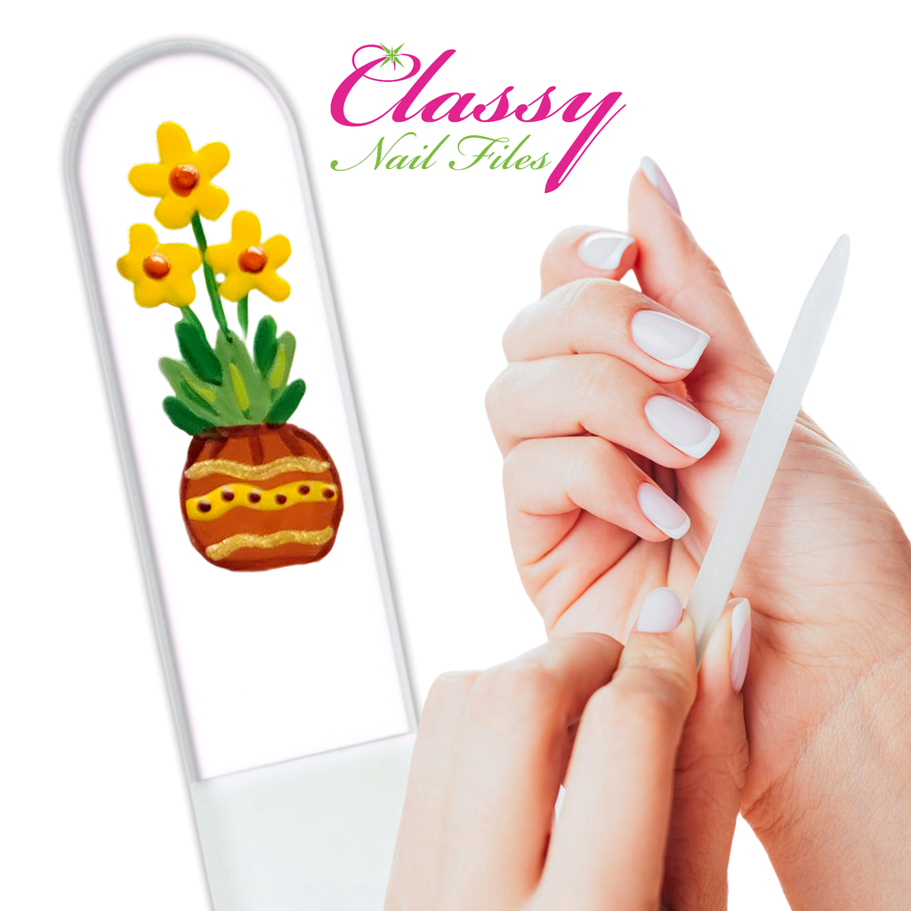 Sunfire Potted Yellow Flowers Hand Painted Crystal Nail File: Large