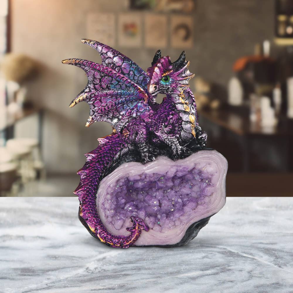 4"H Purple Dragon Guarding Faux Crystal Cave Figurine