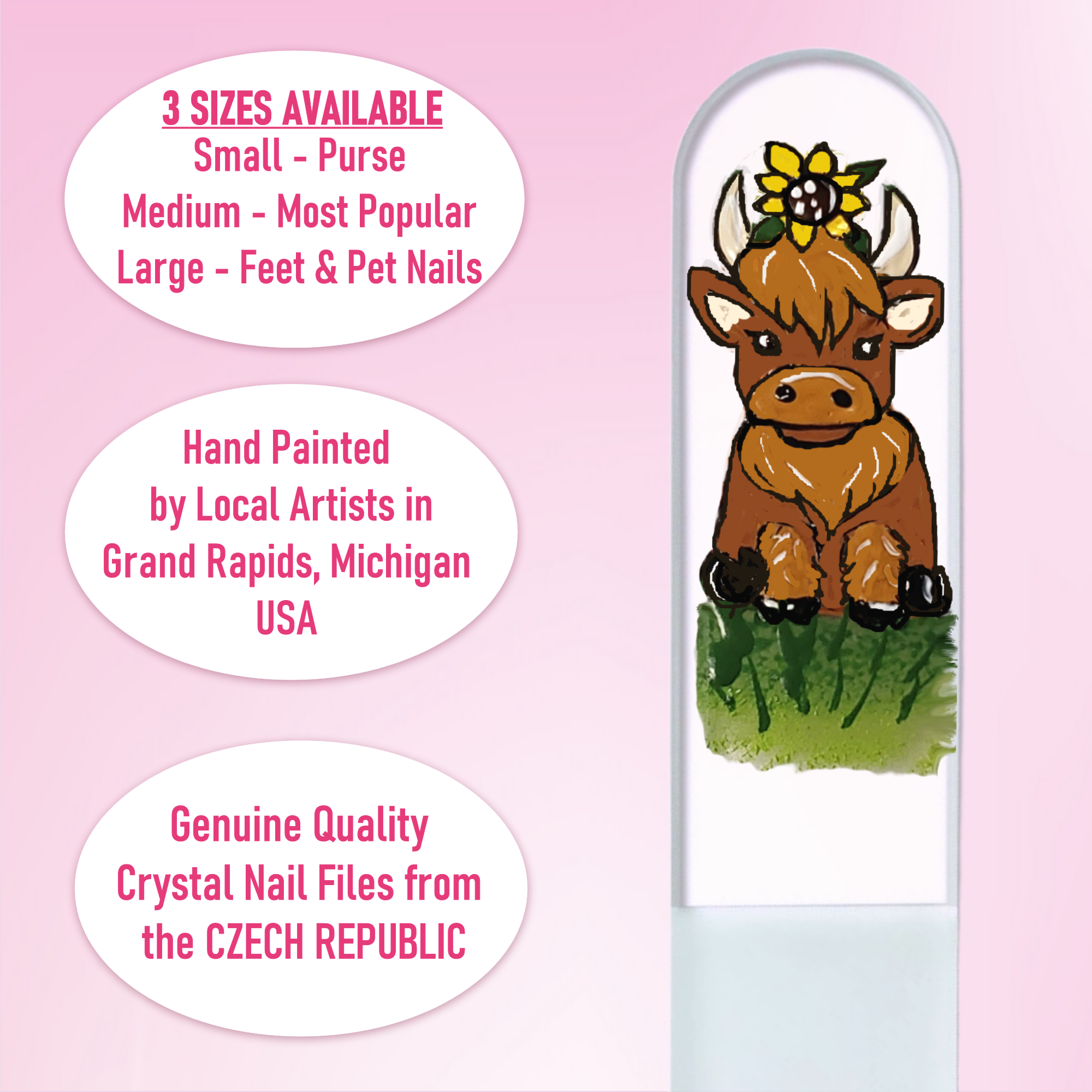 Highland Cow Sunflower Farm Hand Painted Crystal Nail File: Large
