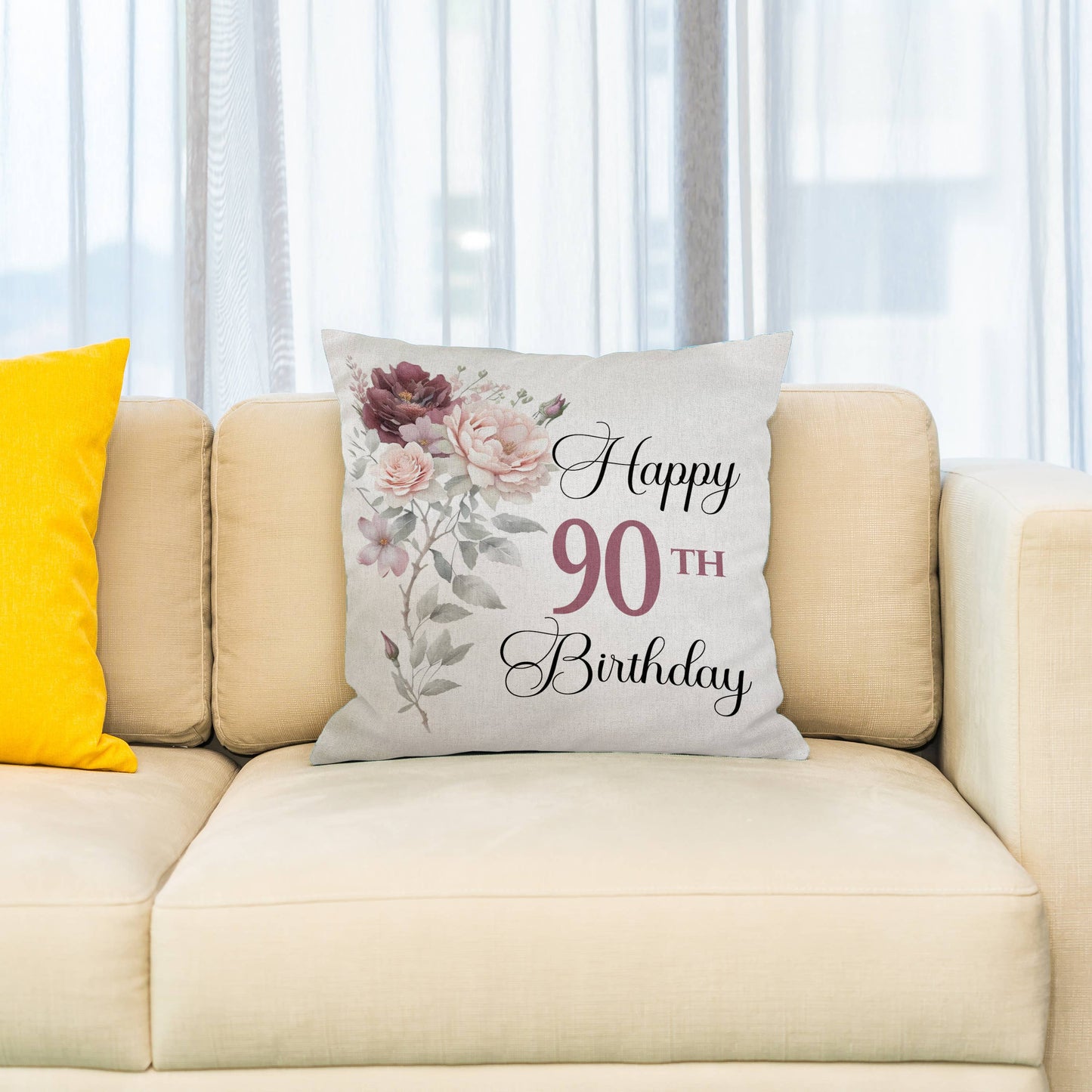 Happy 90th Birthday Blush Pink and Burgundy Flower, Pillow Case