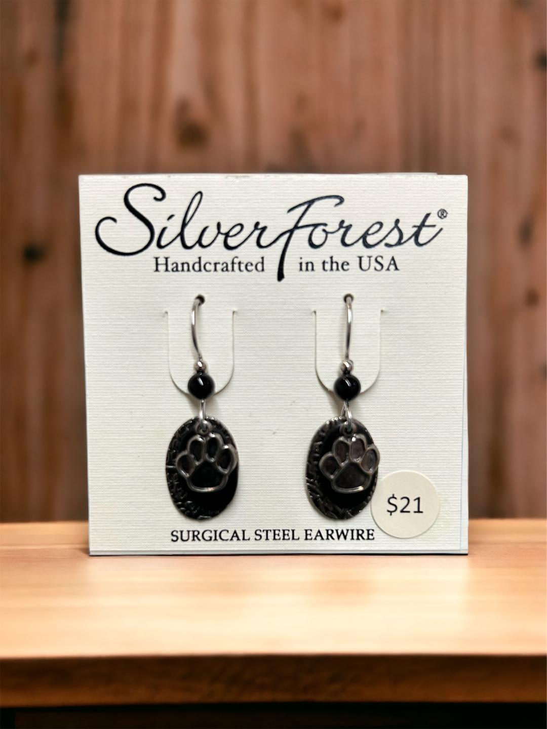 Silver Forest Paw Print Black Ovals Earrings