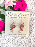 Silver Forest Pink Hummingbirds on Filigree Earrings
