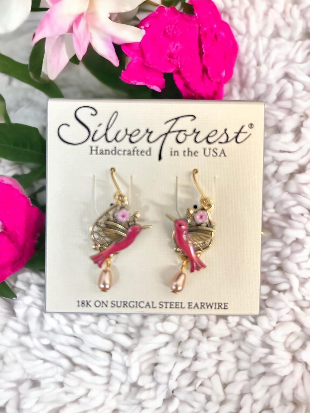 Silver Forest Pink Hummingbirds on Filigree Earrings