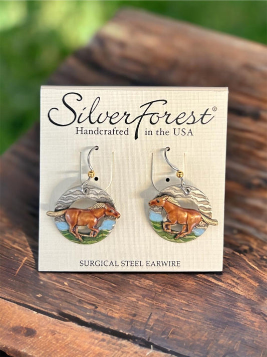 Silver Forest Horses Running in Field Earrings