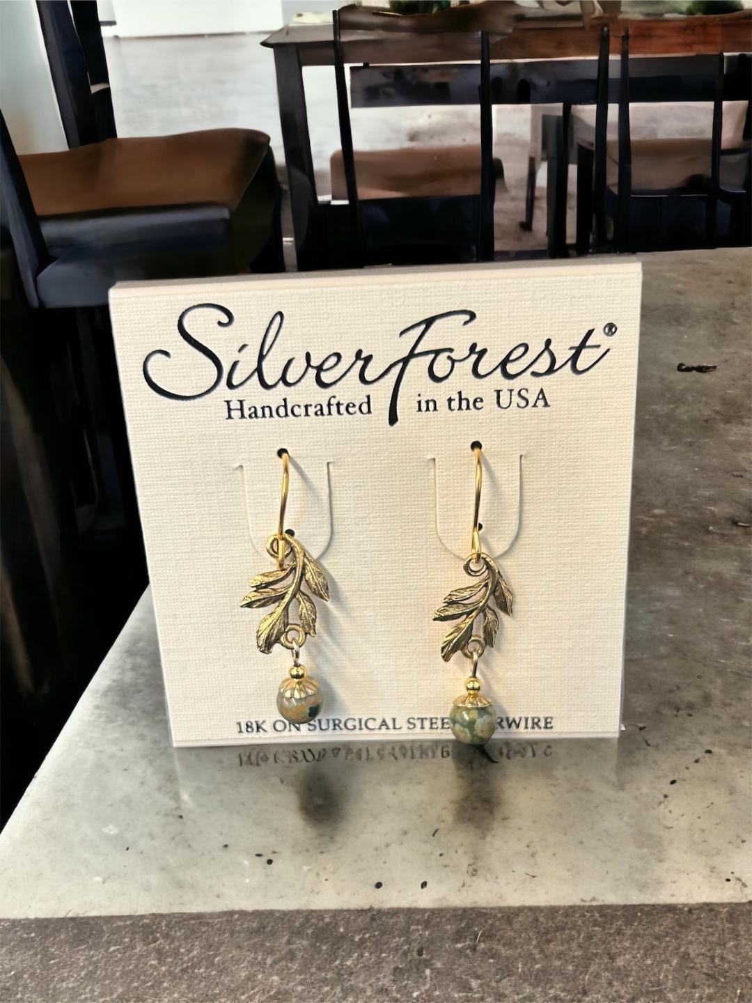 Silver Forest Leaf Swag with Dark Green Bead Drop Earrings