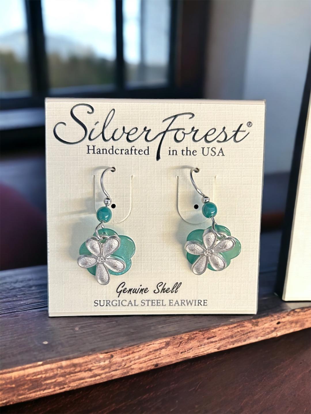 Silver Forest Fun Flower on Green Genuine Shell Earrings