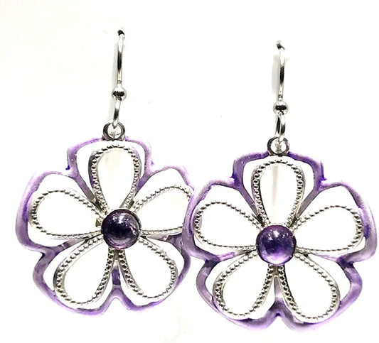 Silver Forest Open Flower with Stone Earrings