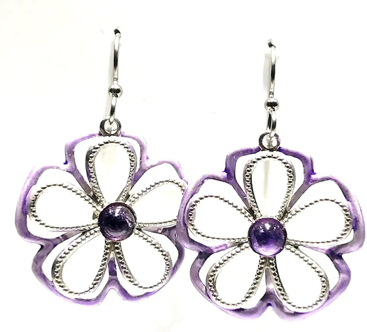 Silver Forest Open Flower with Purple Stone Earrings