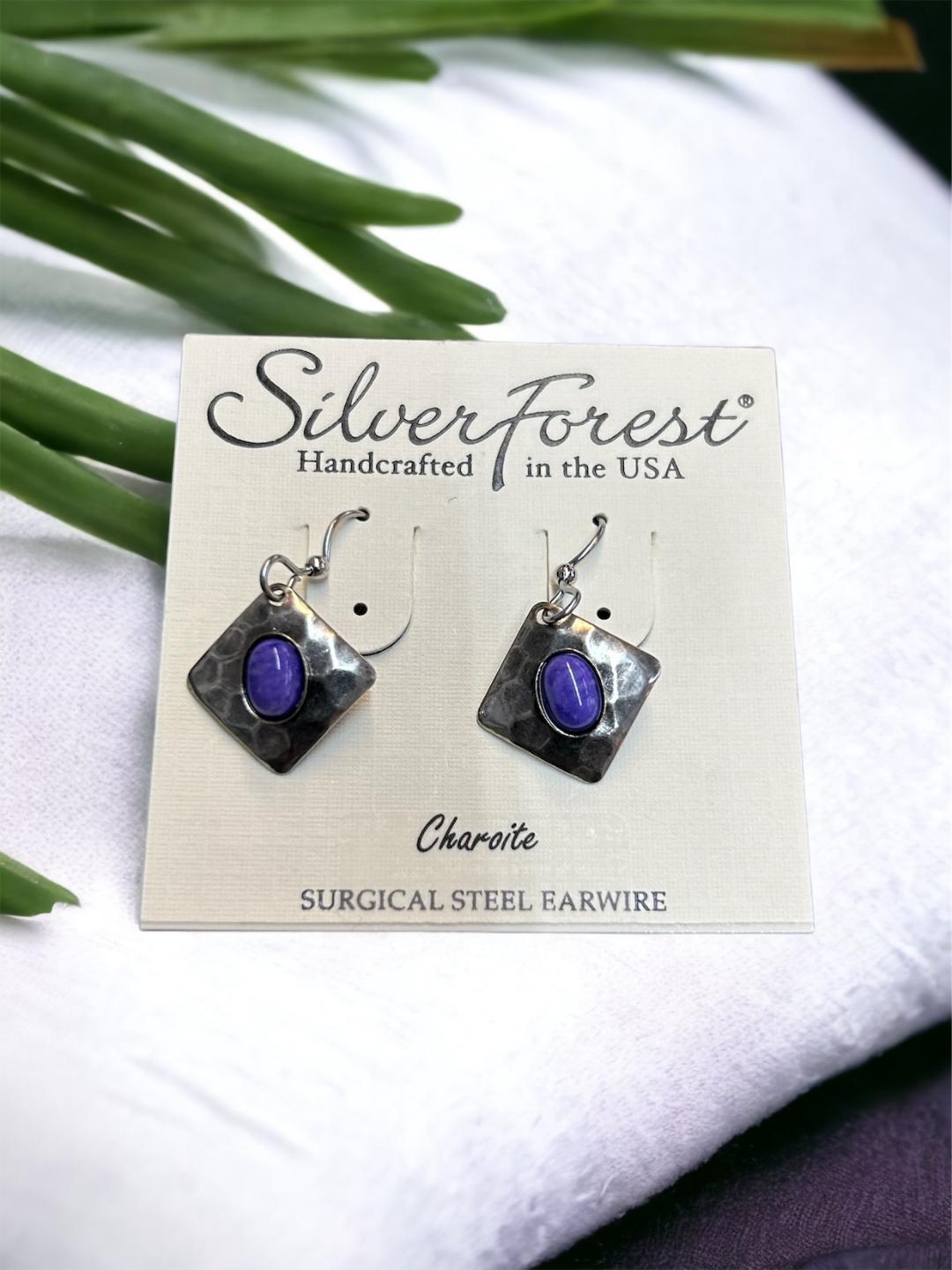 Silver Forest Triangles with Purple Gem Earrings (Charoite)