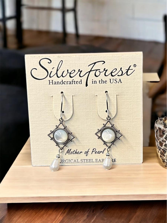 Silver Forest Filigree Diamond Mother of Pearl Earrings