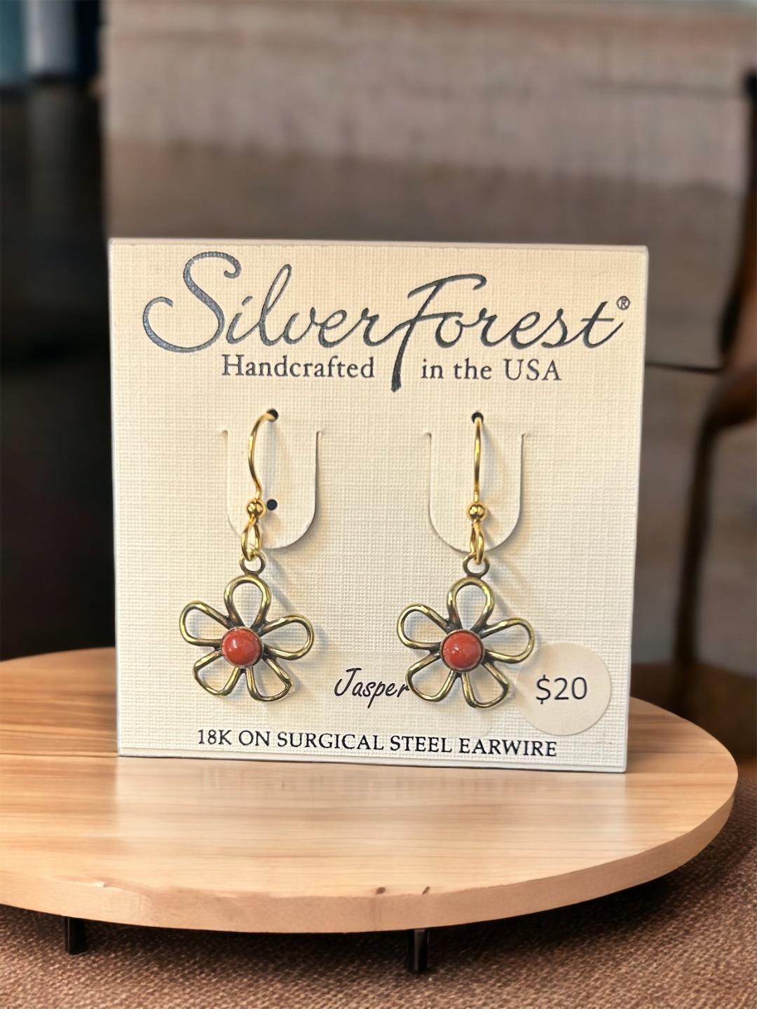 Silver Forest Open Wirey Flower and Red Stone Earrings
