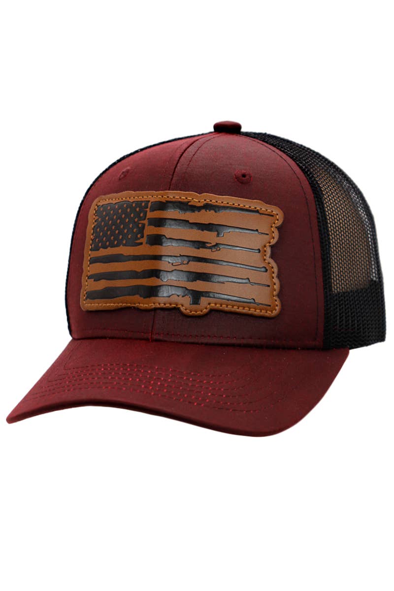 Rifle American Flag Oiled Faux Leather Burgandy Trucker Hat