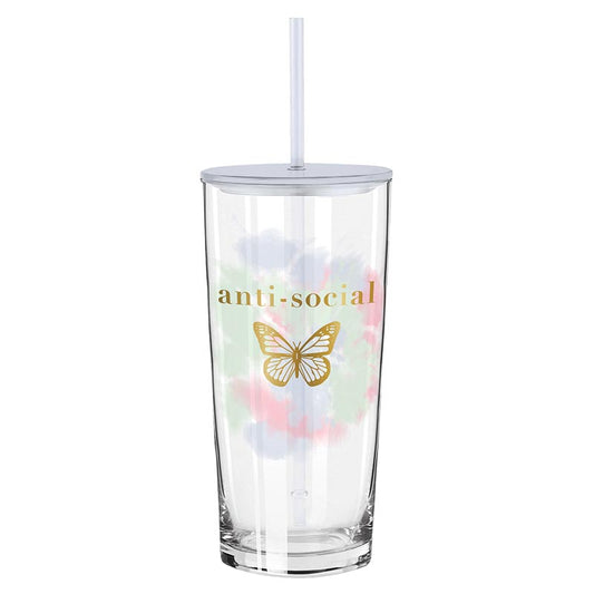 Anti-Social Butterfly Glass Tumbler with Straw