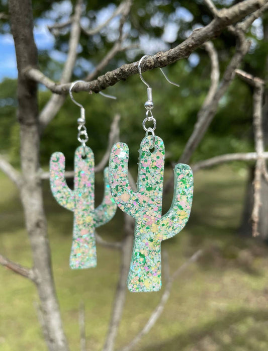 Multi Green Cactus Dangle Earrings