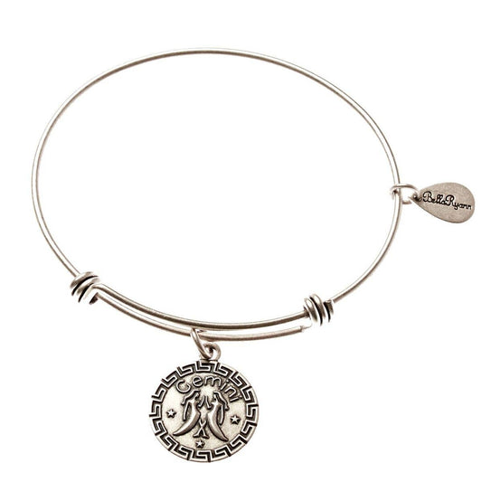 Gemini Zodiac Expandable Silver Bangle Charm Bracelet