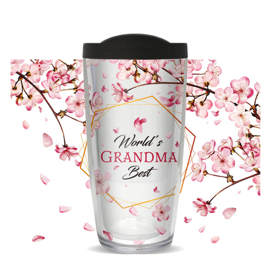 World's Best Grandma on Cherry Blossoms Tumbler w/ Black Lid