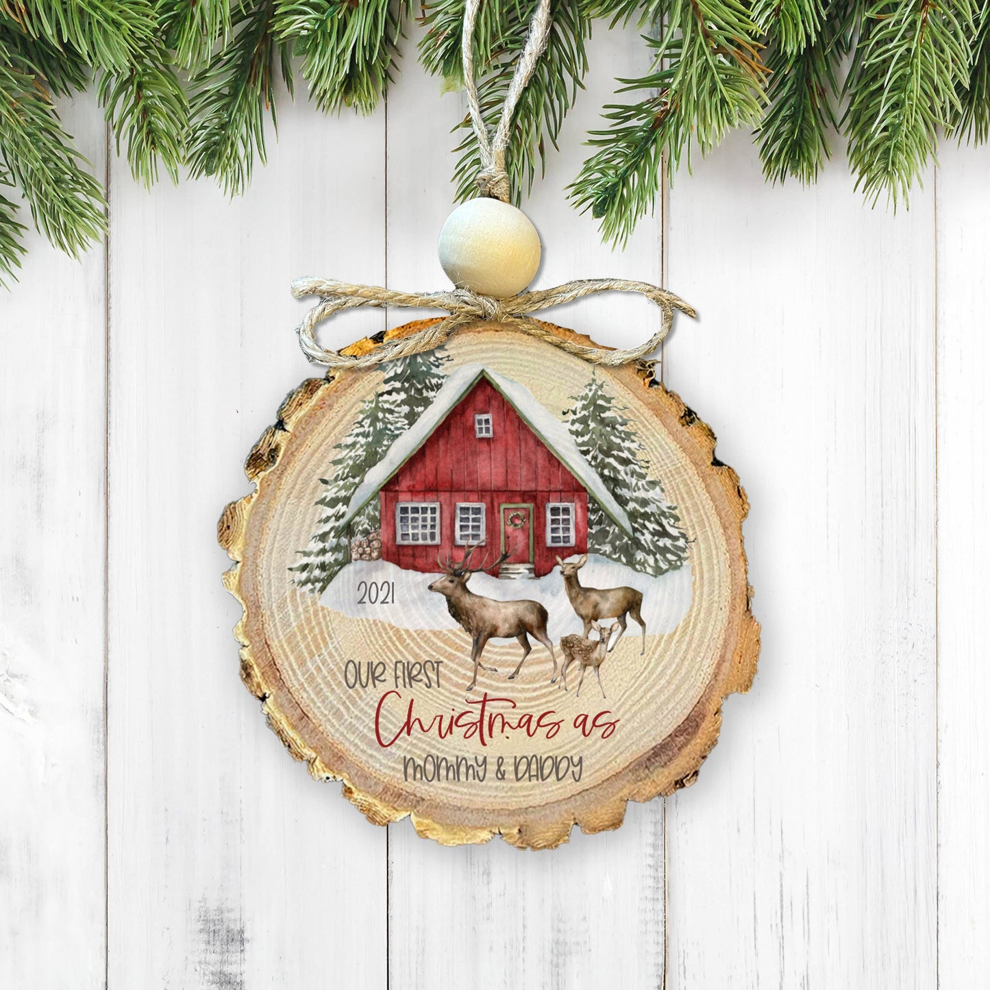 Zoey's Attic Wholesale - First Christmas As Mommy And Daddy Deer Family Rustic Wood Slice Ornament