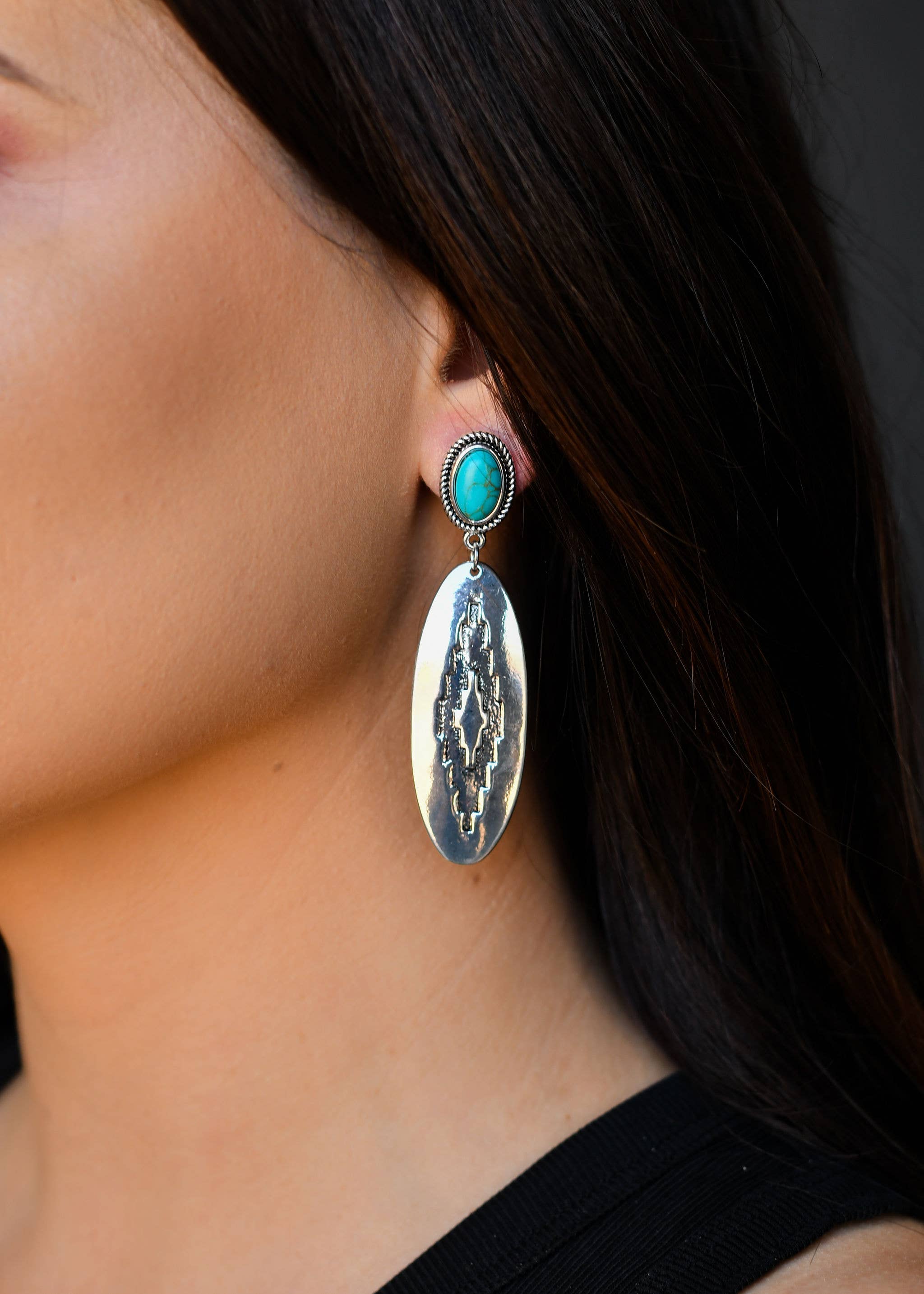 Oval Aztec Stamped Earring on Turquoise Post