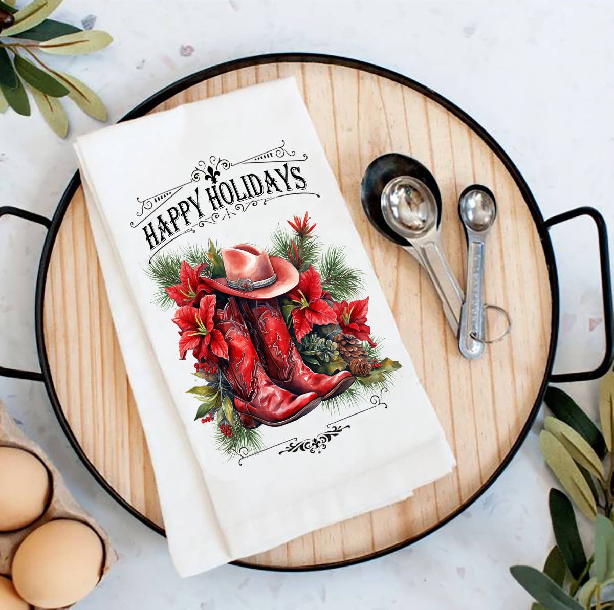 Happy Holidays Red Boots Towel