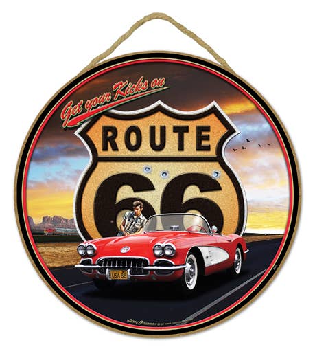 Get Your Kicks on Route 66 Round Wood Sign