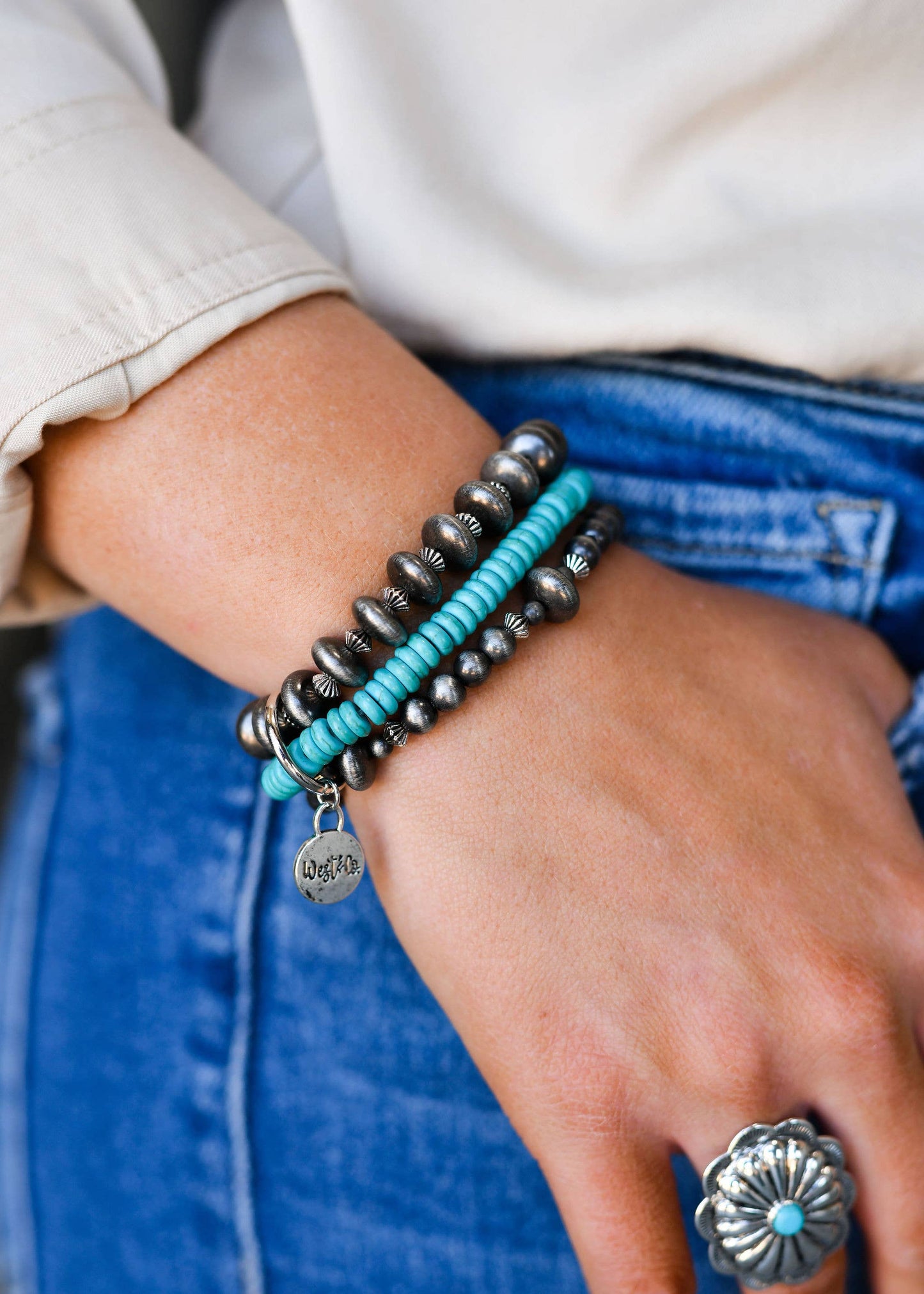 Faux Navajo Pearl and Turquoise Stretch 3 Strand Bracelet