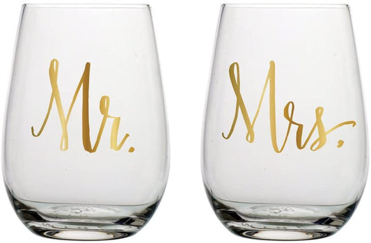 Mr & Mrs Stemless Wine Glasses- Set of 2