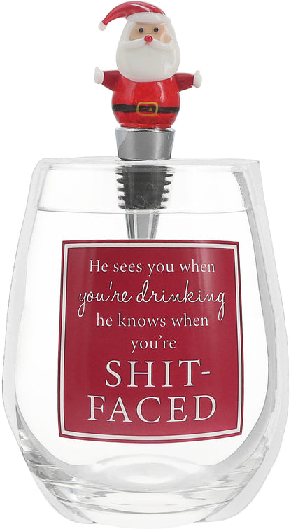 He Sees You When You're Drinking...Glass/Stopper Set