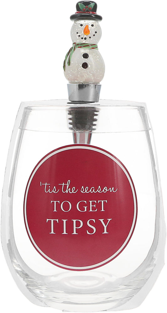 Tis the Season to Get Tipsy Wine Glass/Stopper Set