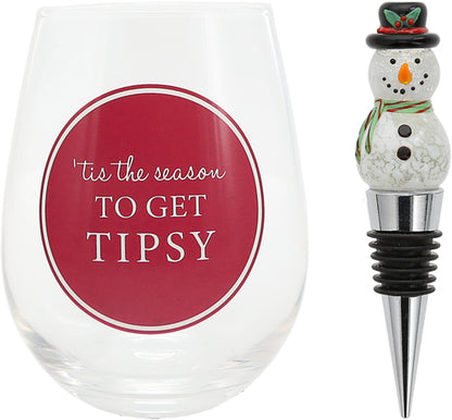 Tis the Season to Get Tipsy Wine Glass/Stopper Set