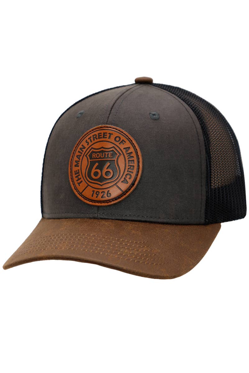 Route 66 Patch Faux Oiled Leather Black/Brown Trucker Hat