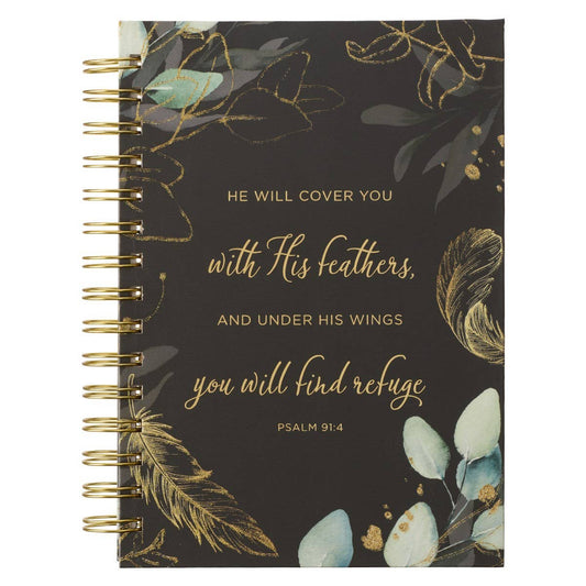 He Will Cover You... Black and Gold Feather Large Wirebound Journal