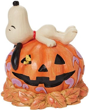 Jim Shore Snoopy Laying on top of Carved Pumpkin "Fall Vibes"