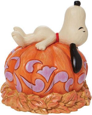 Jim Shore Snoopy Laying on top of Carved Pumpkin "Fall Vibes"