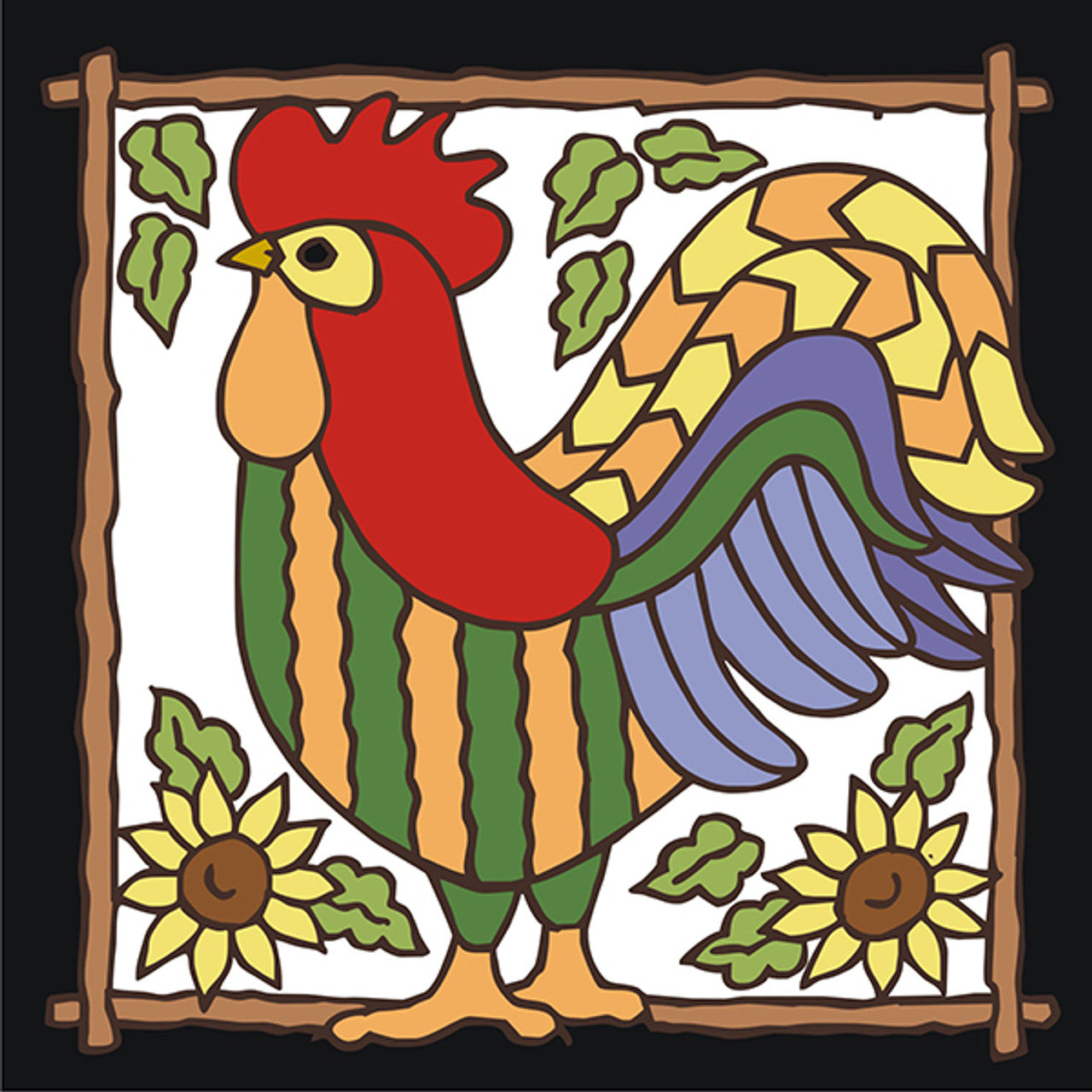 Patterned Rooster with Sunflowers White Tile